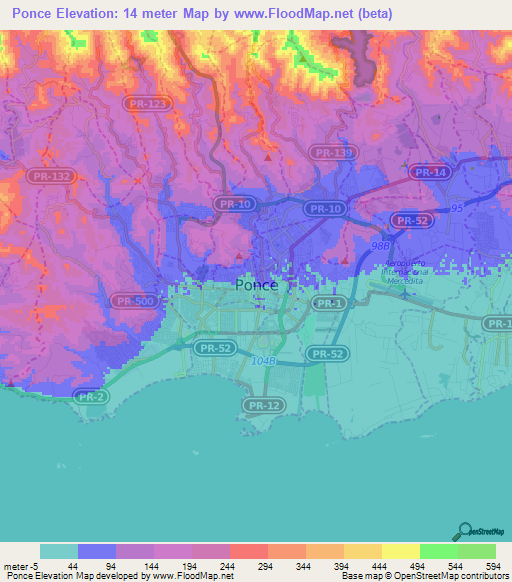 Ponce,Puerto Rico Elevation Map