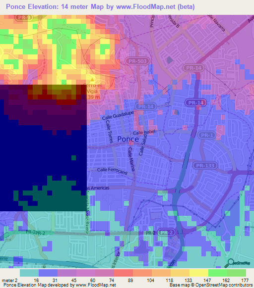 Ponce,Puerto Rico Elevation Map