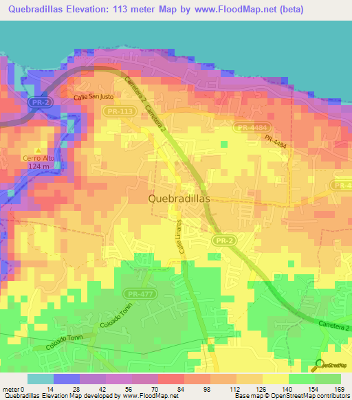 Quebradillas,Puerto Rico Elevation Map