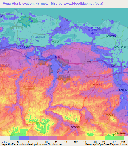 Vega Alta,Puerto Rico Elevation Map