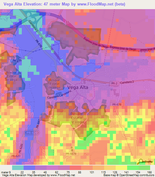 Vega Alta,Puerto Rico Elevation Map