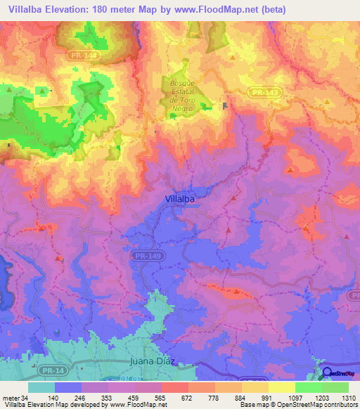 Villalba,Puerto Rico Elevation Map