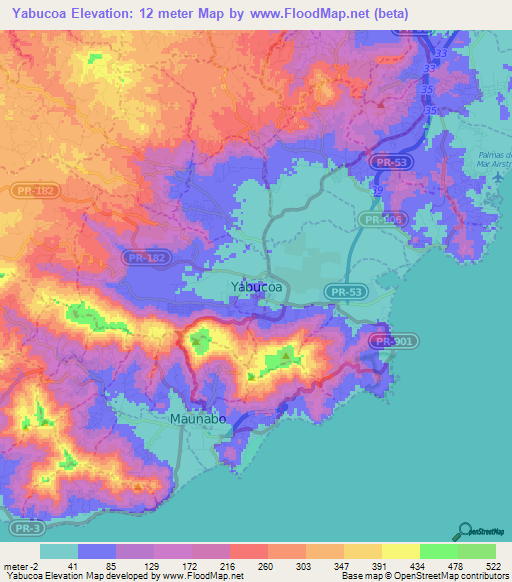 Yabucoa,Puerto Rico Elevation Map