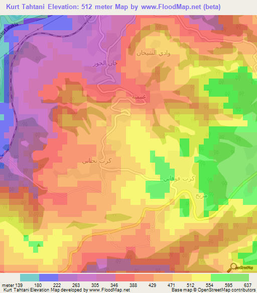 Kurt Tahtani,Syria Elevation Map