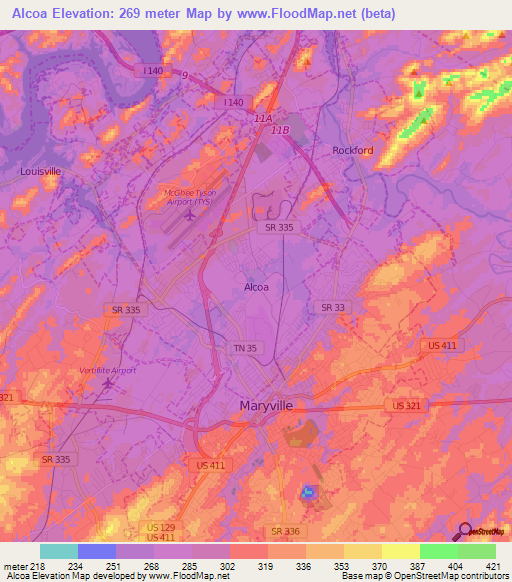 Alcoa,US Elevation Map