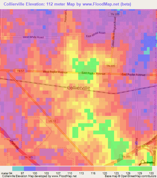 Collierville,US Elevation Map
