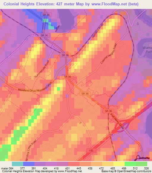 Colonial Heights,US Elevation Map
