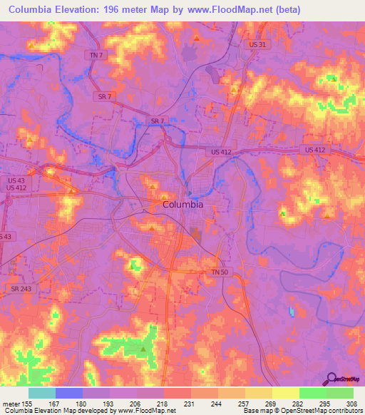 Columbia,US Elevation Map