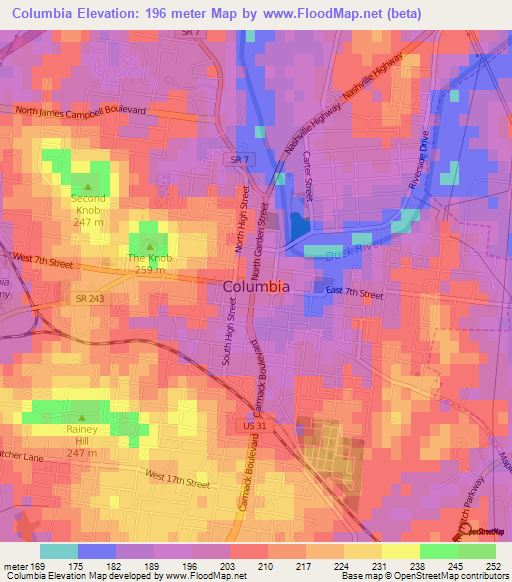 Columbia,US Elevation Map