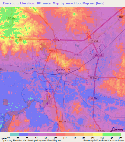 Dyersburg,US Elevation Map