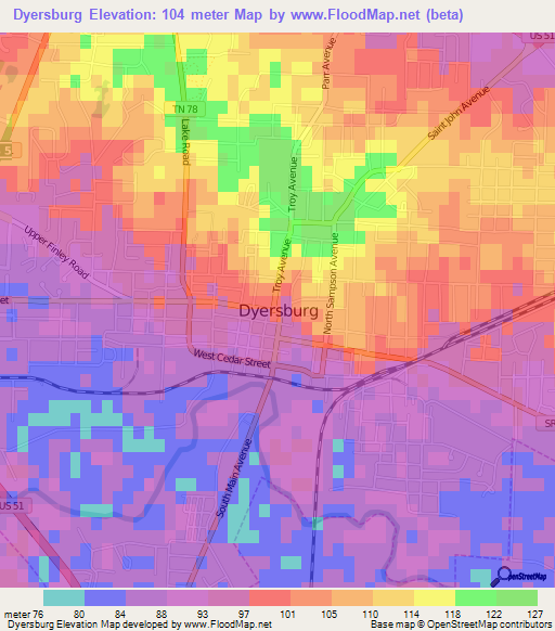 Dyersburg,US Elevation Map