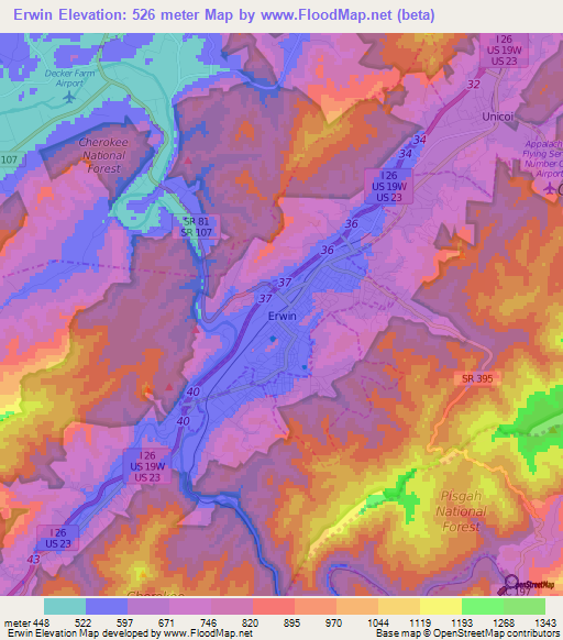 Erwin,US Elevation Map
