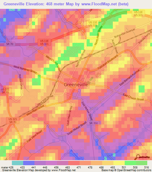 Greeneville,US Elevation Map
