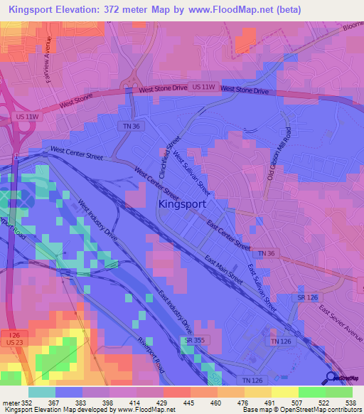 Kingsport,US Elevation Map