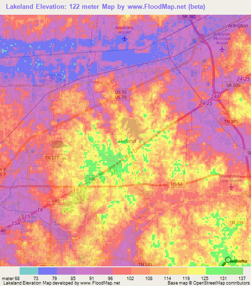 Lakeland,US Elevation Map