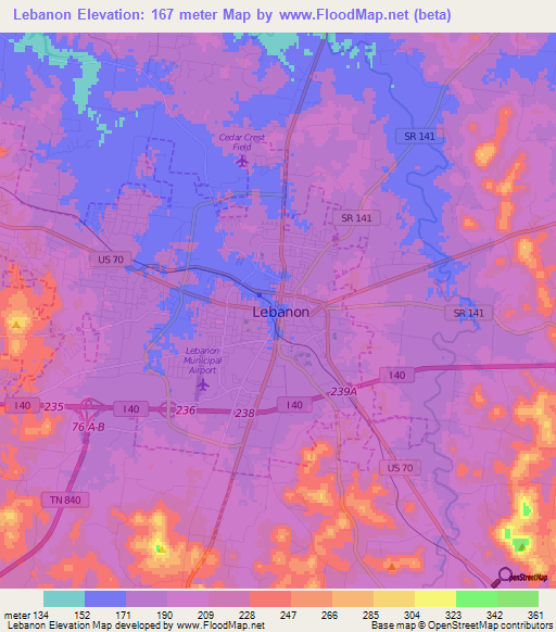 Lebanon,US Elevation Map