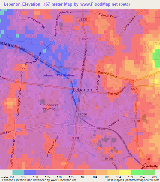 Lebanon,US Elevation Map