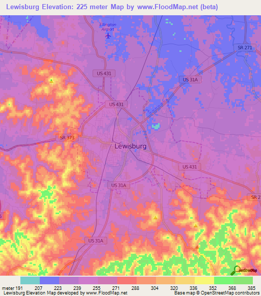 Lewisburg,US Elevation Map