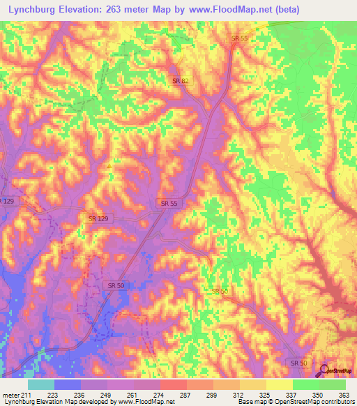 Lynchburg,US Elevation Map