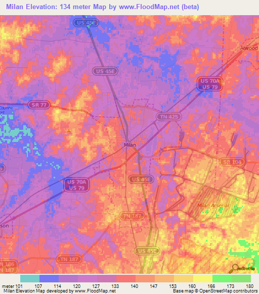 Milan,US Elevation Map