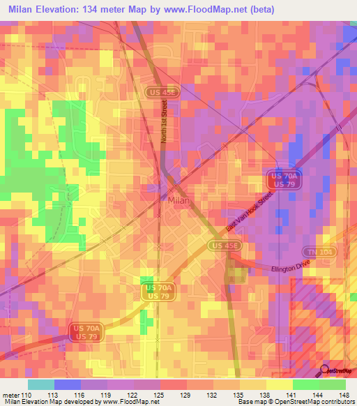 Milan,US Elevation Map