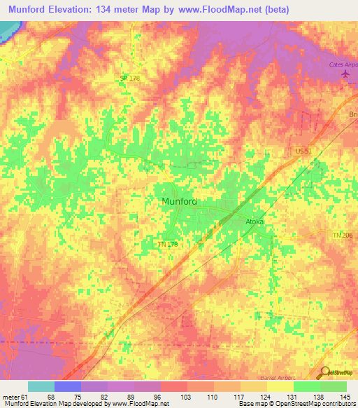 Munford,US Elevation Map