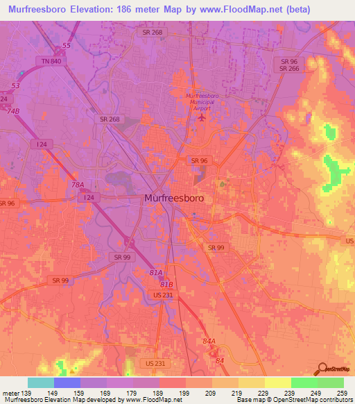 Murfreesboro,US Elevation Map