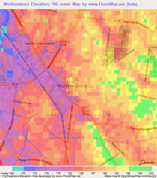 Murfreesboro,US Elevation Map