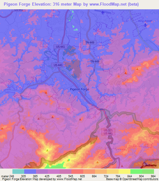 Pigeon Forge,US Elevation Map