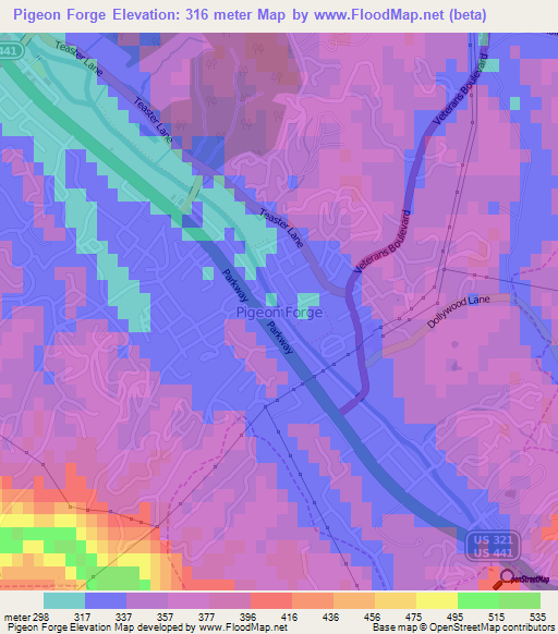 Pigeon Forge,US Elevation Map