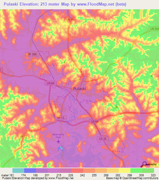 Pulaski,US Elevation Map