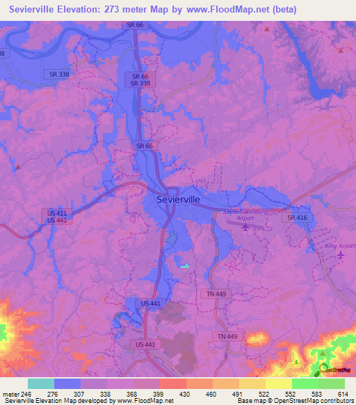 Sevierville,US Elevation Map