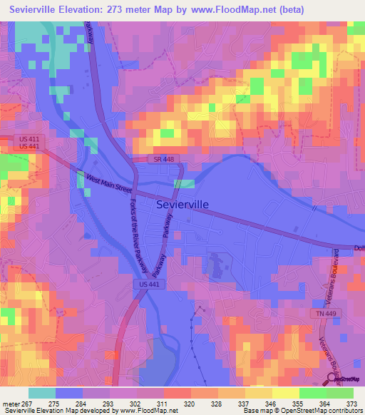 Sevierville,US Elevation Map