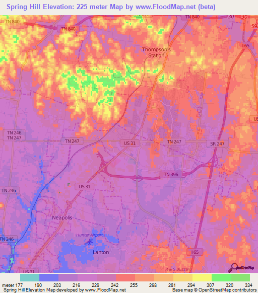 Spring Hill,US Elevation Map