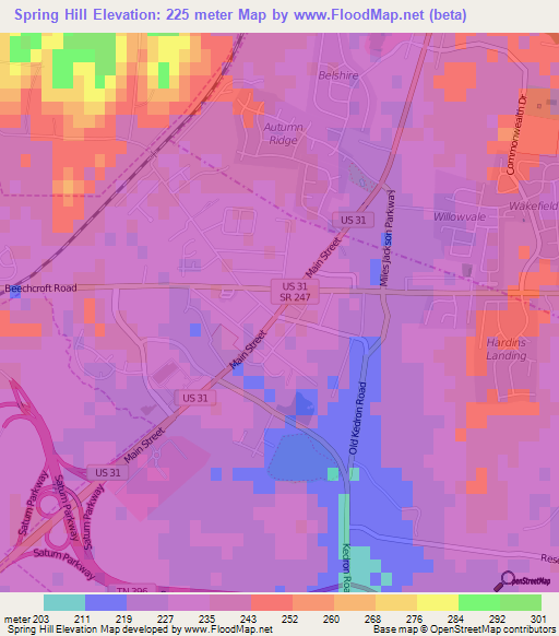 Spring Hill,US Elevation Map
