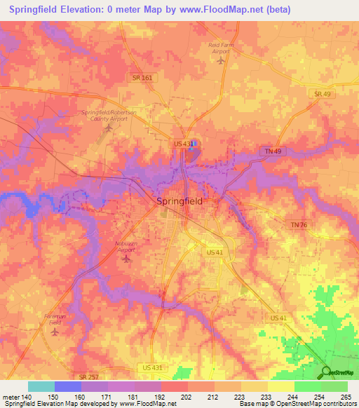 Springfield,US Elevation Map