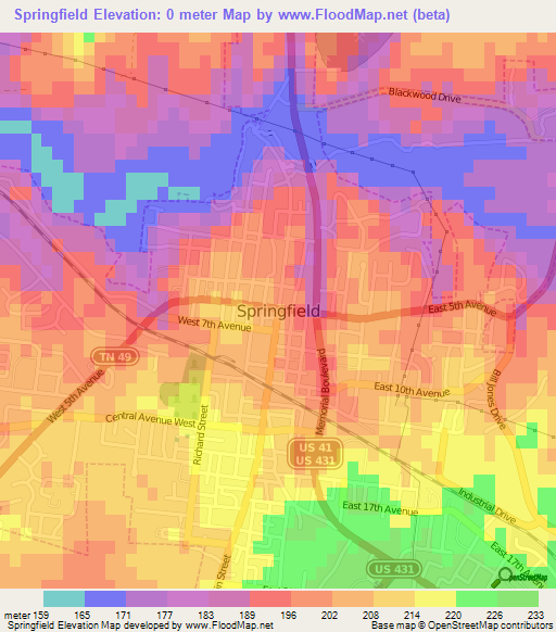 Springfield,US Elevation Map