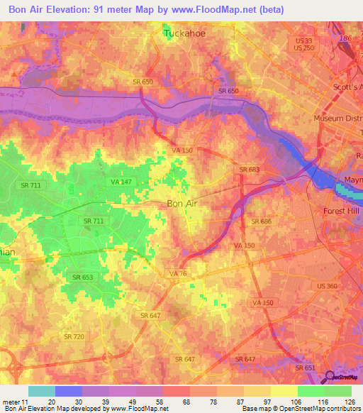 Bon Air,US Elevation Map