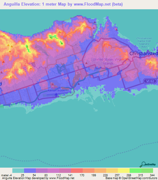 Anguilla,U.S. Virgin Islands Elevation Map