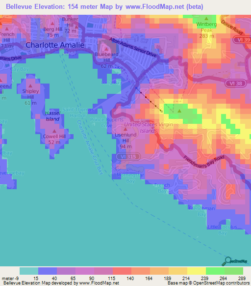 Bellevue,U.S. Virgin Islands Elevation Map