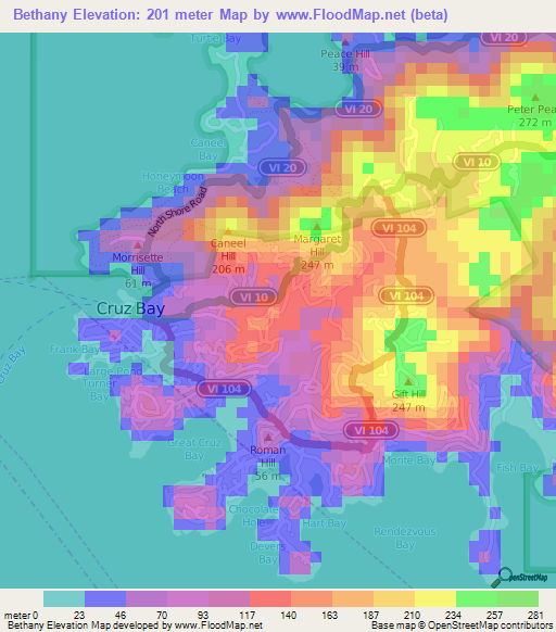 Bethany,U.S. Virgin Islands Elevation Map