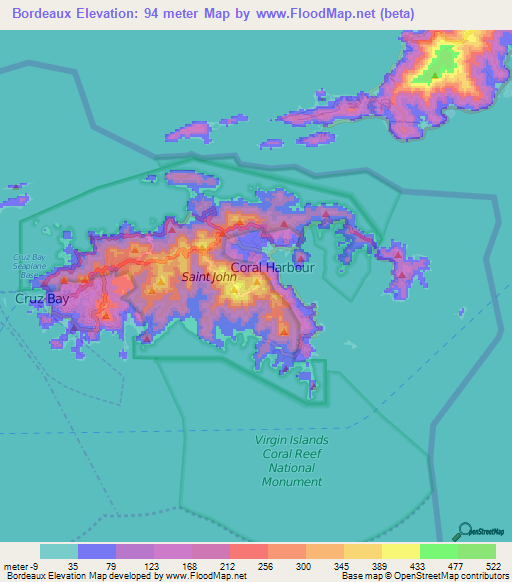 Bordeaux,U.S. Virgin Islands Elevation Map