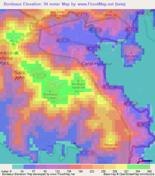 Bordeaux,U.S. Virgin Islands Elevation Map