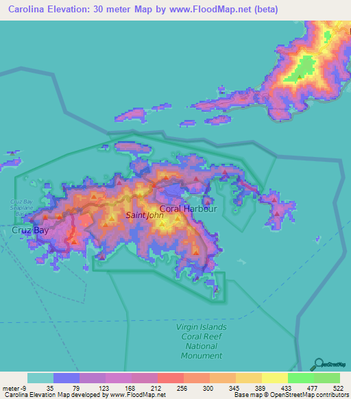 Carolina,U.S. Virgin Islands Elevation Map