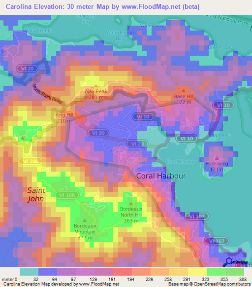 Carolina,U.S. Virgin Islands Elevation Map