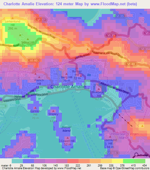 Charlotte Amalie,U.S. Virgin Islands Elevation Map