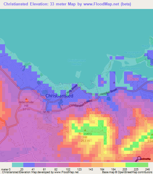 Christiansted,U.S. Virgin Islands Elevation Map