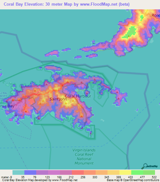 Coral Bay,U.S. Virgin Islands Elevation Map