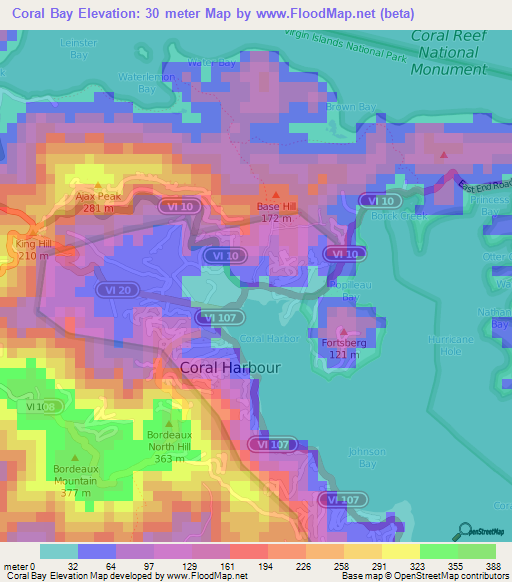 Coral Bay,U.S. Virgin Islands Elevation Map