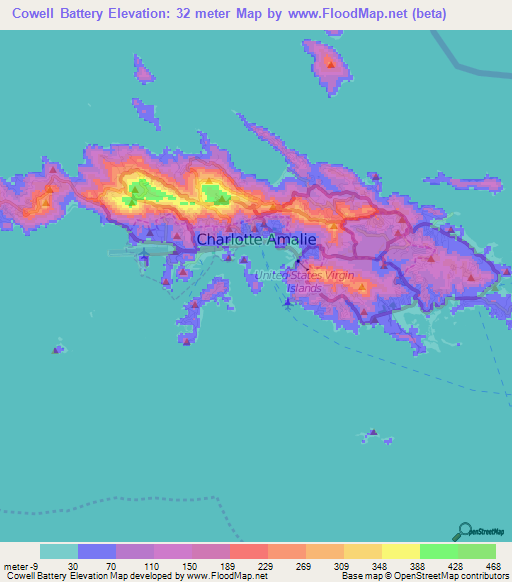 Cowell Battery,U.S. Virgin Islands Elevation Map